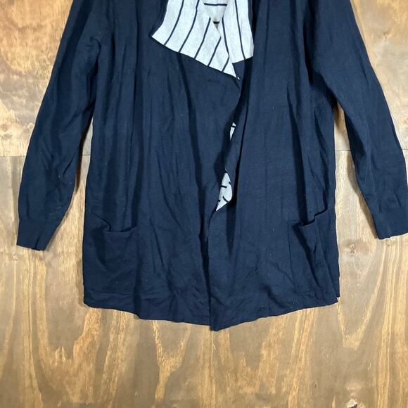 Ann Taylor LOFT Womens Sweater Navy Blue Striped Open Draped Cardigan Stretch L - Picture 3 of 12